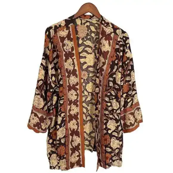 Soft Surroundings Open Front Lightweight Cardigan Kimono Brown Cream Floral - Picture 1 of 4